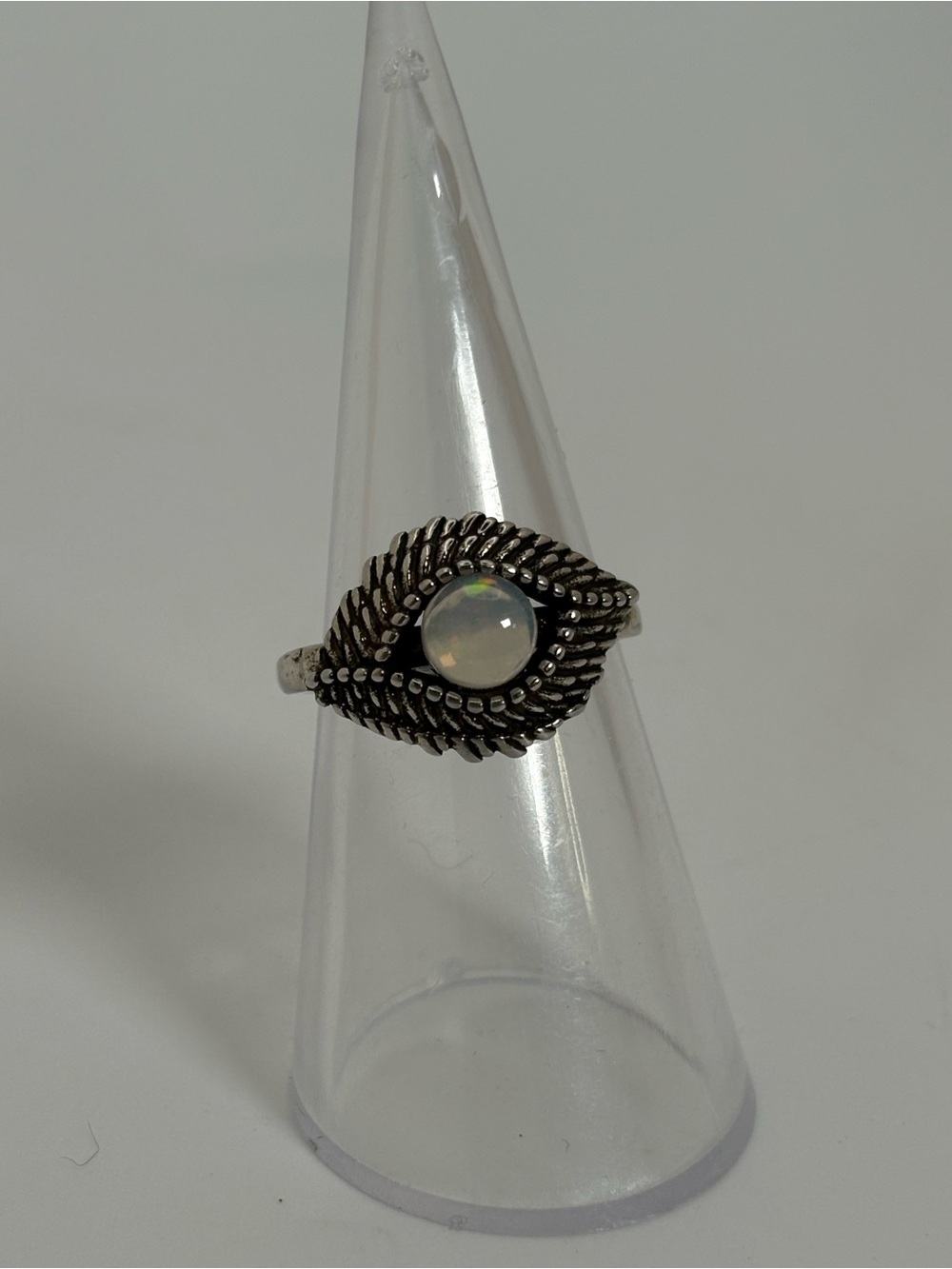 Boho Silver Tone Feather Ring with Opalescent Stone Adjustable